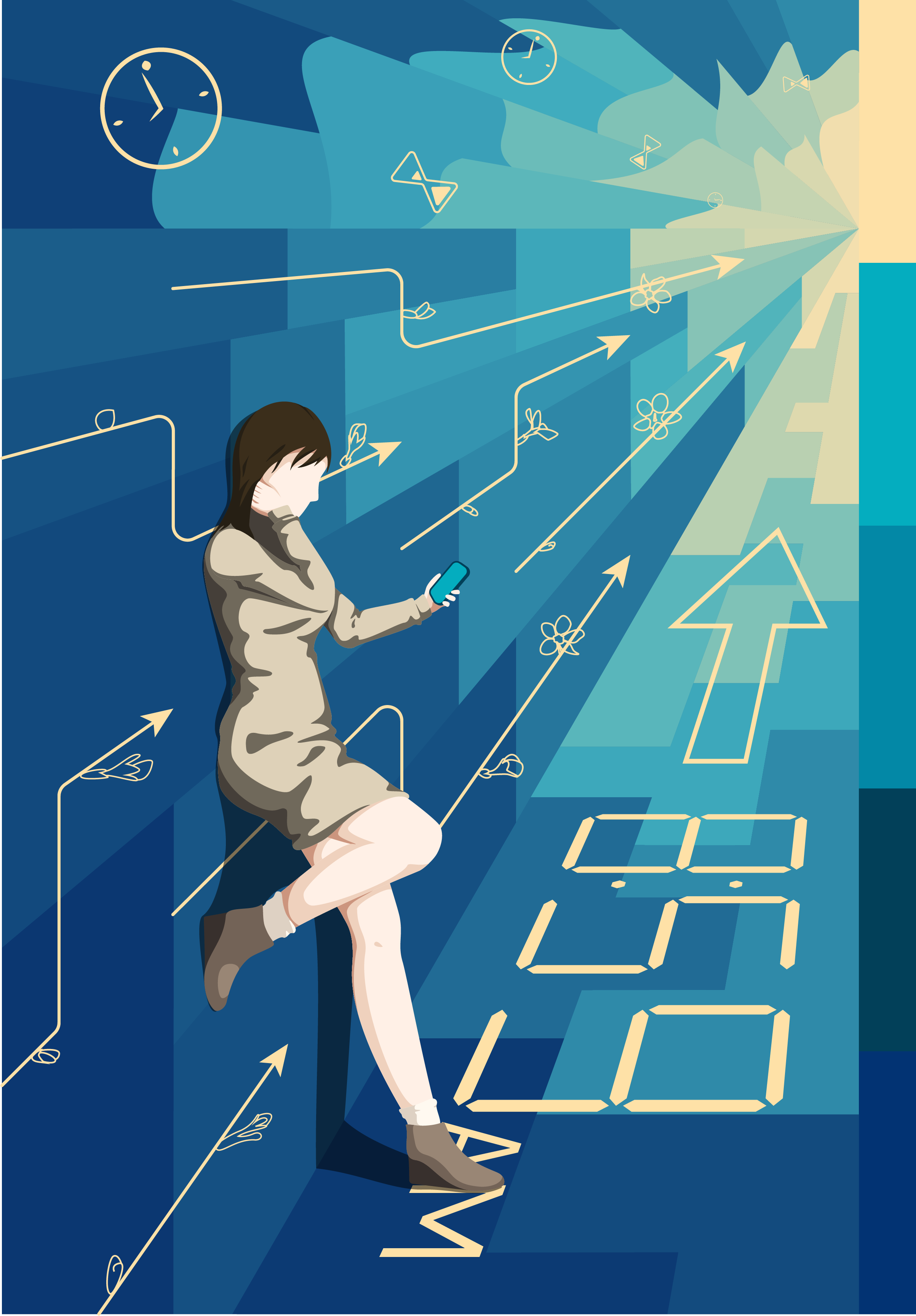 digital artwork with a girl on her phone leaning against a wall with arrows pointed towards the horizon